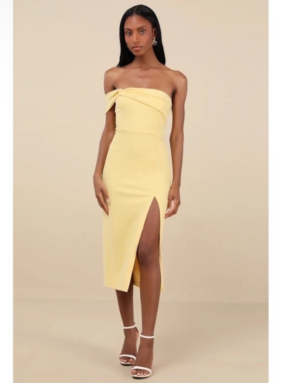 Lulus Twist And Make Up Light Yellow One-shoulder Bodycon Midi Dress Size Small